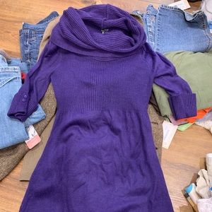Plum colored knit tunic dress with cowl neck